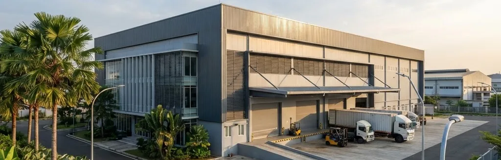 Exterior of the PT. Lorem Ipsum Industri plant with trucks at the loading bay
