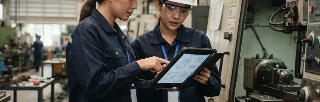 Engineers reviewing a drawing on a tablet on the factory floor
