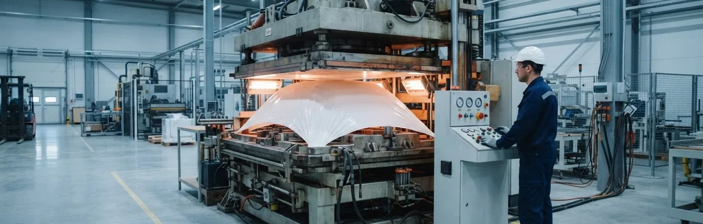 Operator running a vacuum forming press at Plant 01