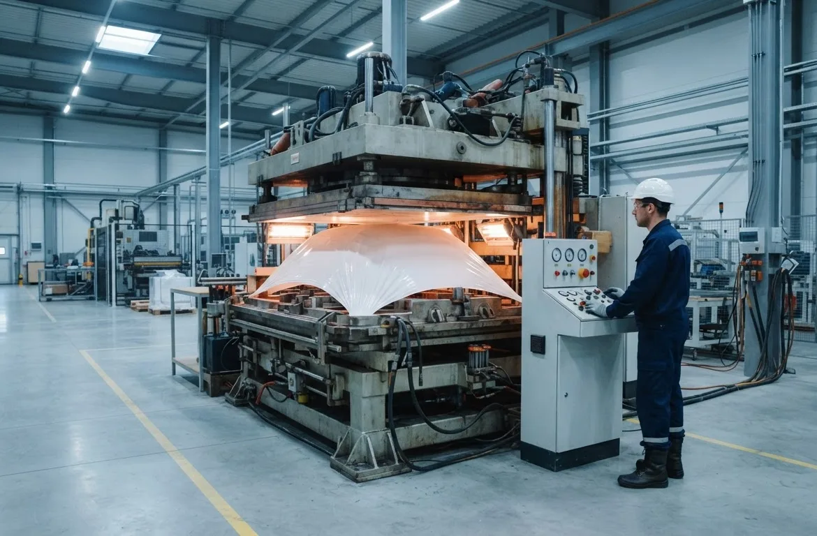 Vacuum forming press with an operator at the control panel in Plant 01