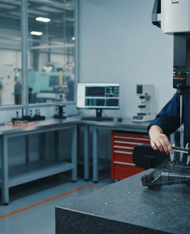 Technician measuring a moulded part on a coordinate measuring machine in the quality lab
