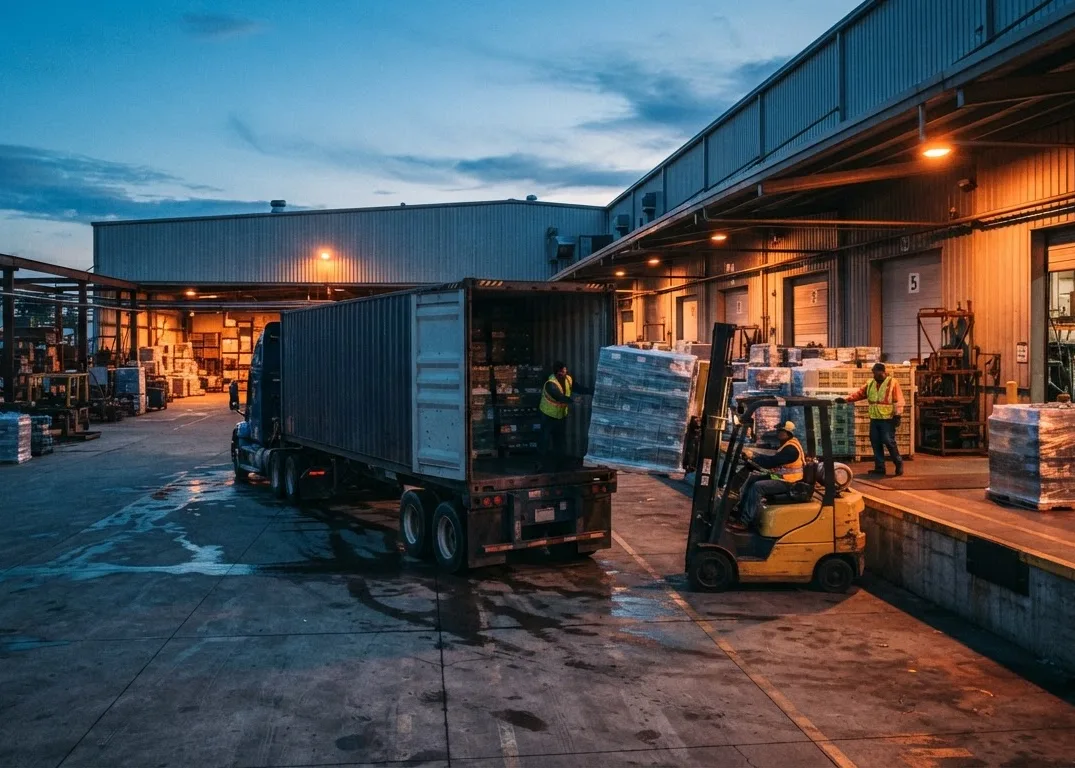 Forklift loading pallets into a truck at the warehouse loading dock at dusk