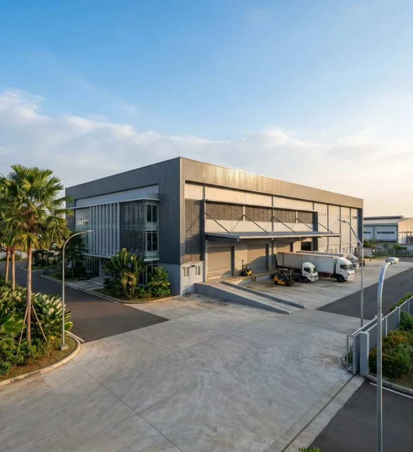 Exterior of the factory building with loading bays