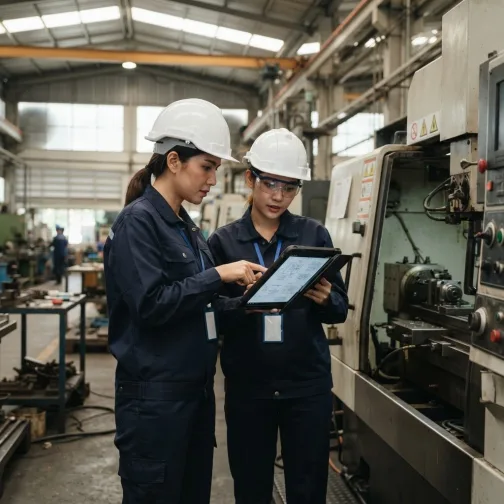 Two engineers reviewing production data on a tablet next to a machine