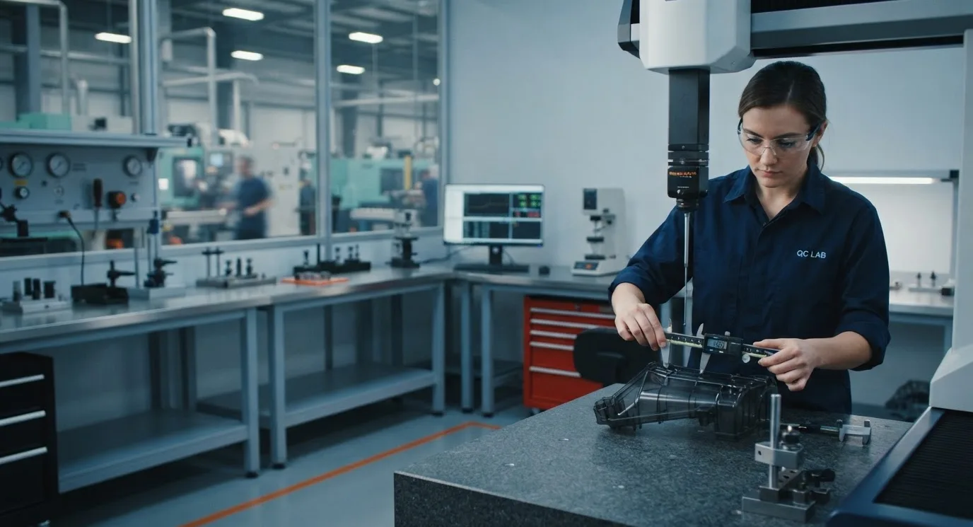 Quality engineer measuring a formed part in the QC lab
