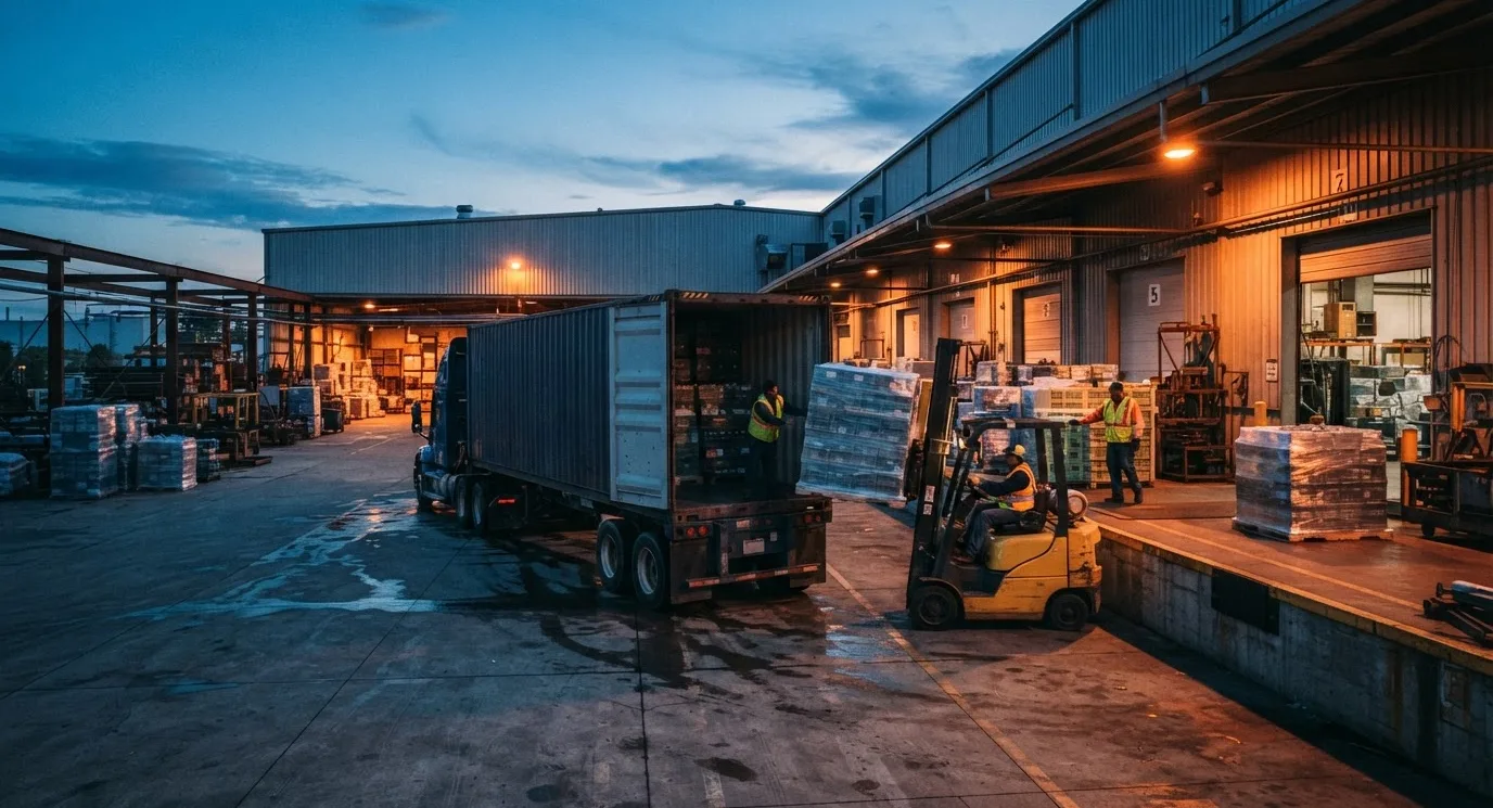 Palletised goods being loaded at the factory dock at dusk
