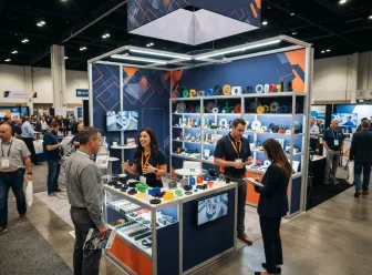 Visitors at an exhibition booth